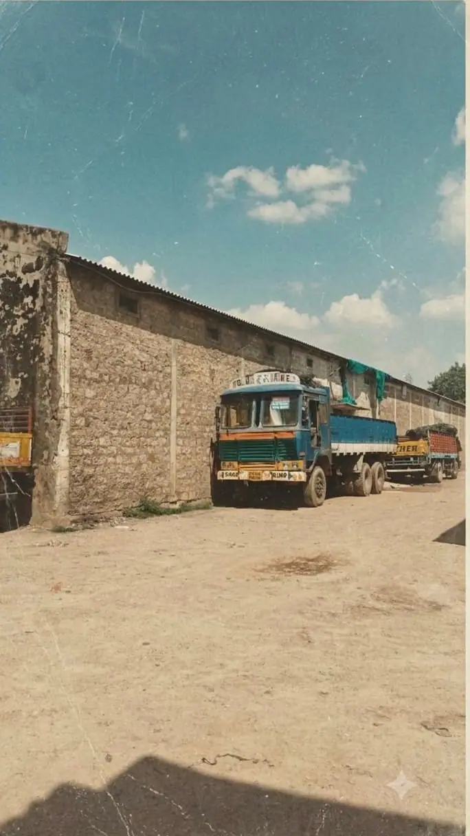 An archival photograph of an early NDR Group warehouse with trucks loading outside