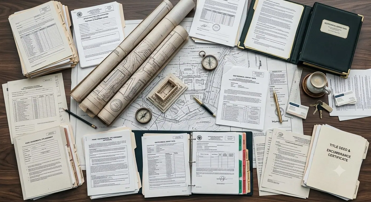 Due diligence documents, surveys and title records laid out on a desk