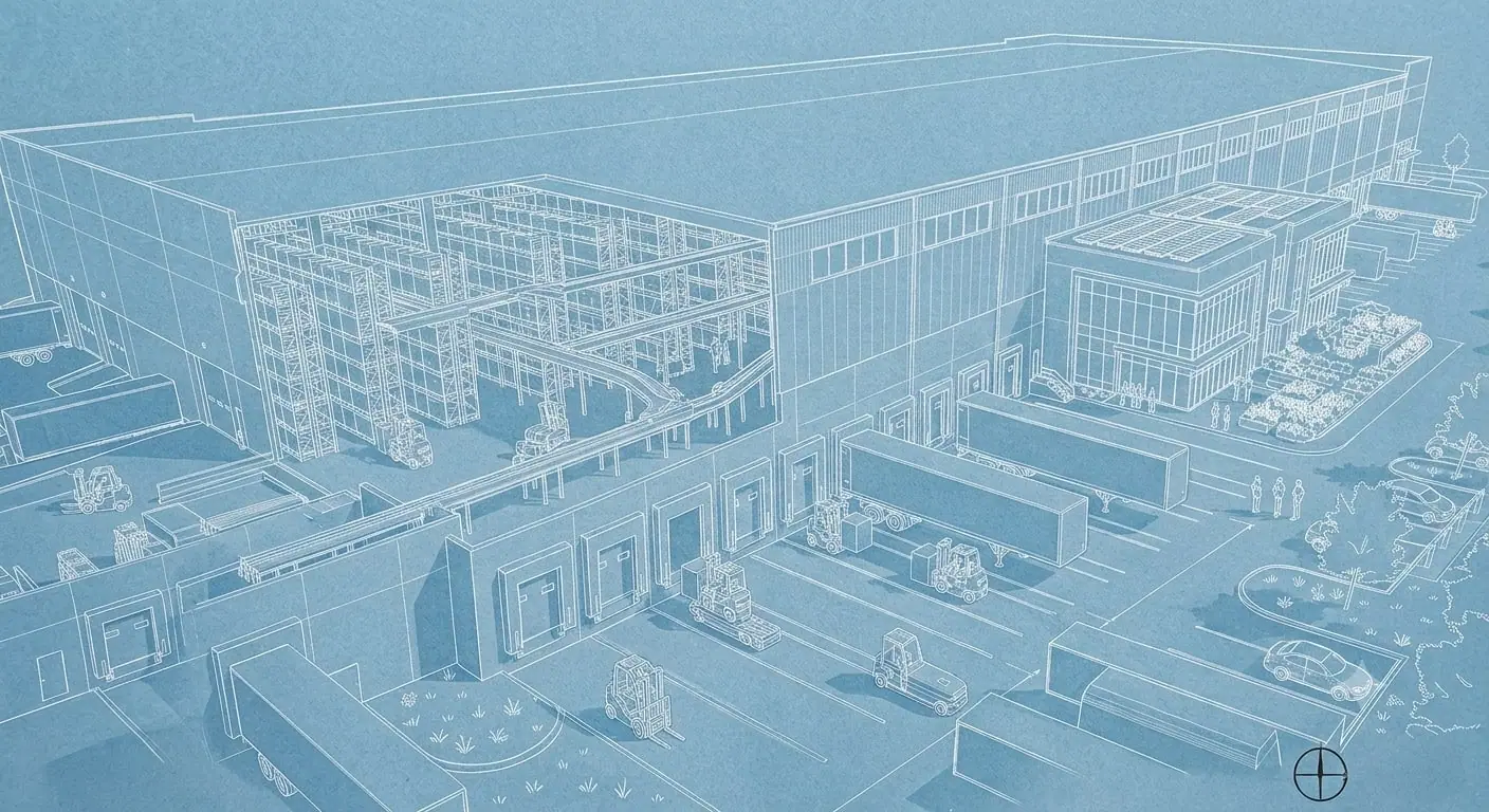 Architectural blueprint illustration of a warehouse and loading dock design