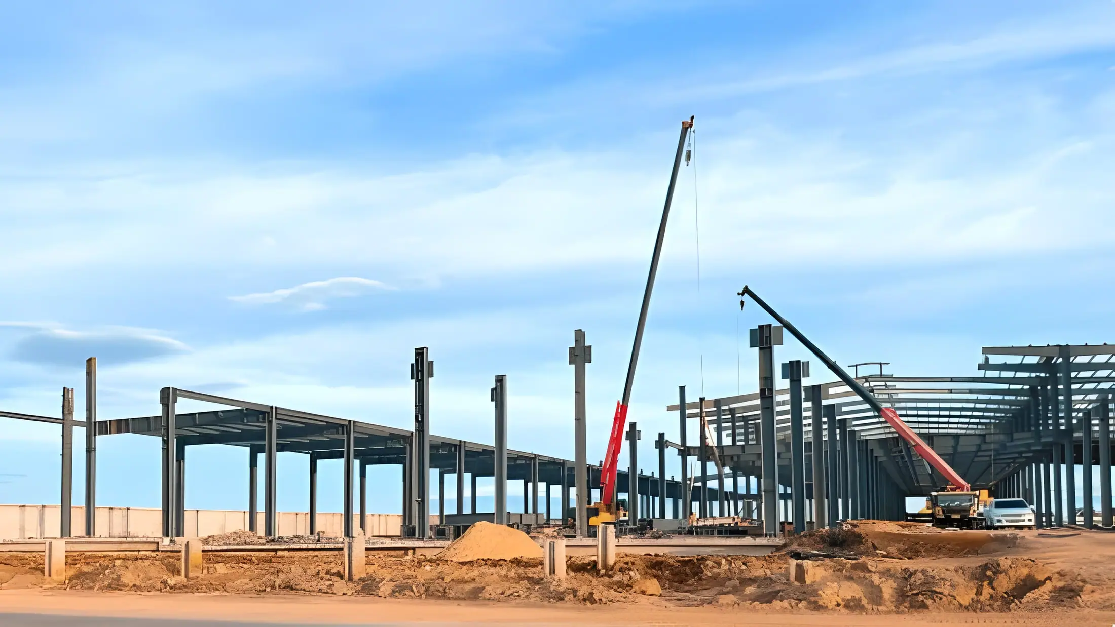 Steel structural framework of a warehouse under construction with a crane