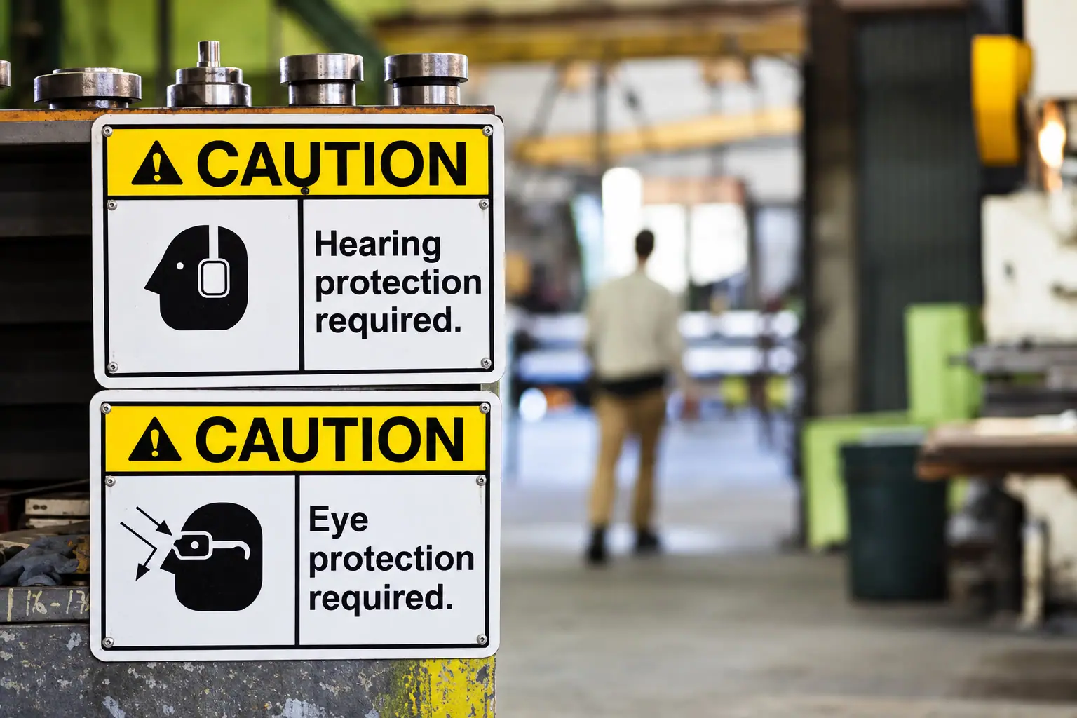 Caution signs requiring hearing and eye protection on the floor of an industrial workshop