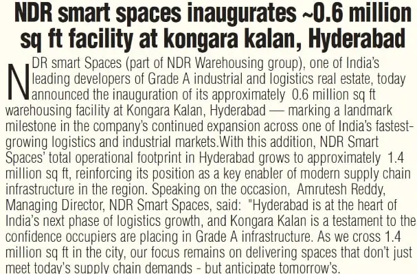 Andhra Prabha: NDR Smart Spaces inaugurates ~0.6 million sq ft facility at Kongara Kalan, Hyderabad