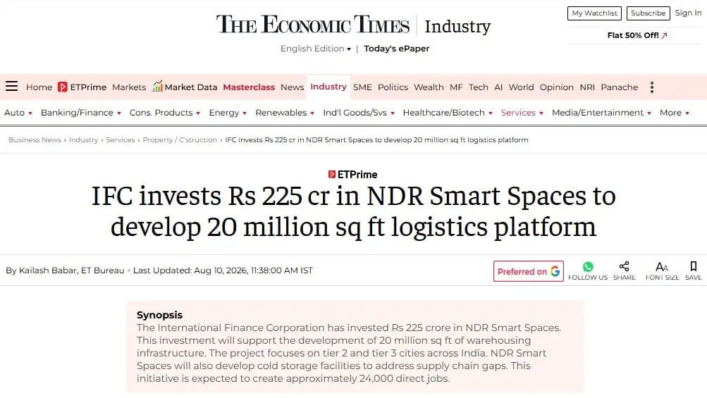 The Economic Times: IFC invests Rs 225 cr in NDR Smart Spaces to develop 20 million sq ft logistics platform